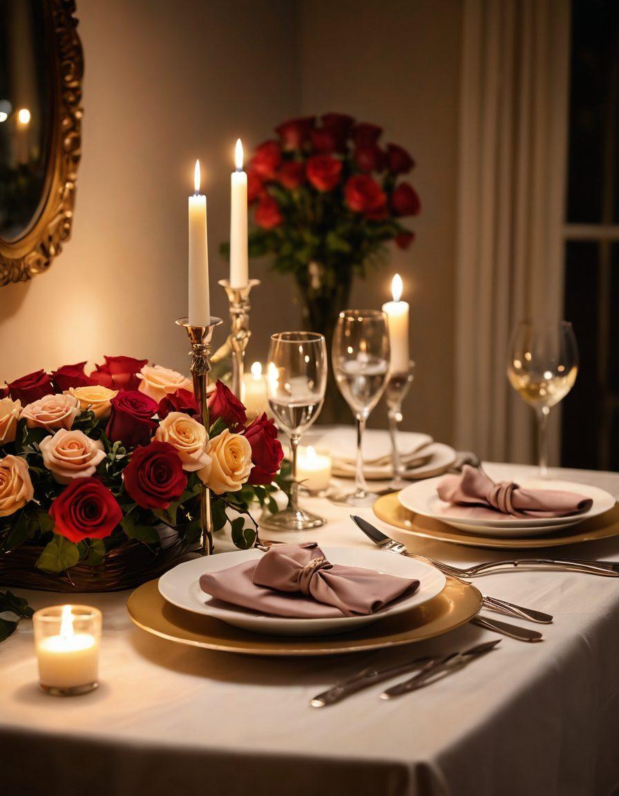 A romantic scene featuring a candlelit dinner for two, with a beautifully set table adorned with elegant tableware and roses. In the background, soft, warm lighting creates an intimate atmosphere, while subtle hints of passion, like intertwined hands or a shared glance, evoke a deep connection. Include decorative elements like scattered flower petals and soft drapery to enhance the mood. dreamy and intimate. warm colors. soft focus.