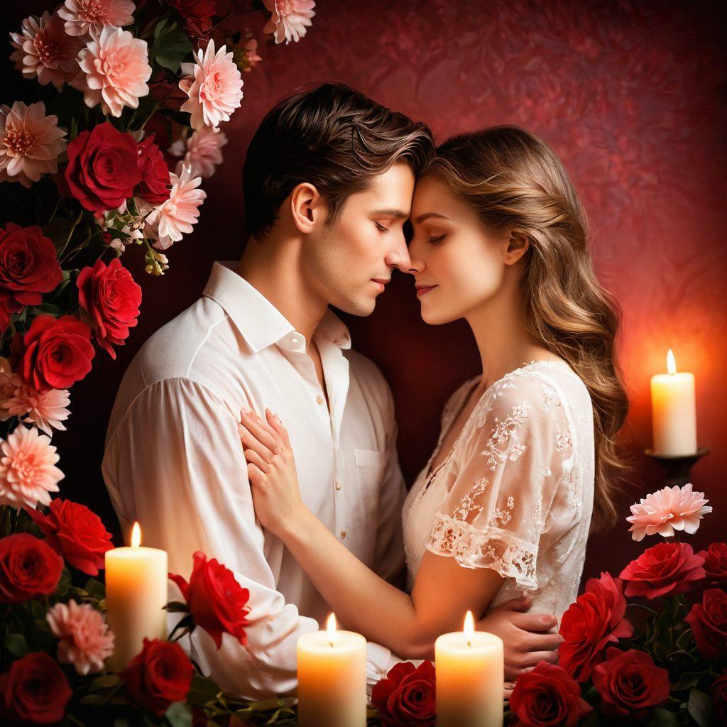 A romantic scene depicting an intimate couple sharing a warm embrace, surrounded by soft candlelight and blooming flowers, symbolizing the transition from affection to passion. Include subtle heart shapes in the background to enhance the theme of love and intimacy. The colors should be warm and inviting, with a focus on reds and pinks. dreamy and soft focus. vibrant colors. 3D.